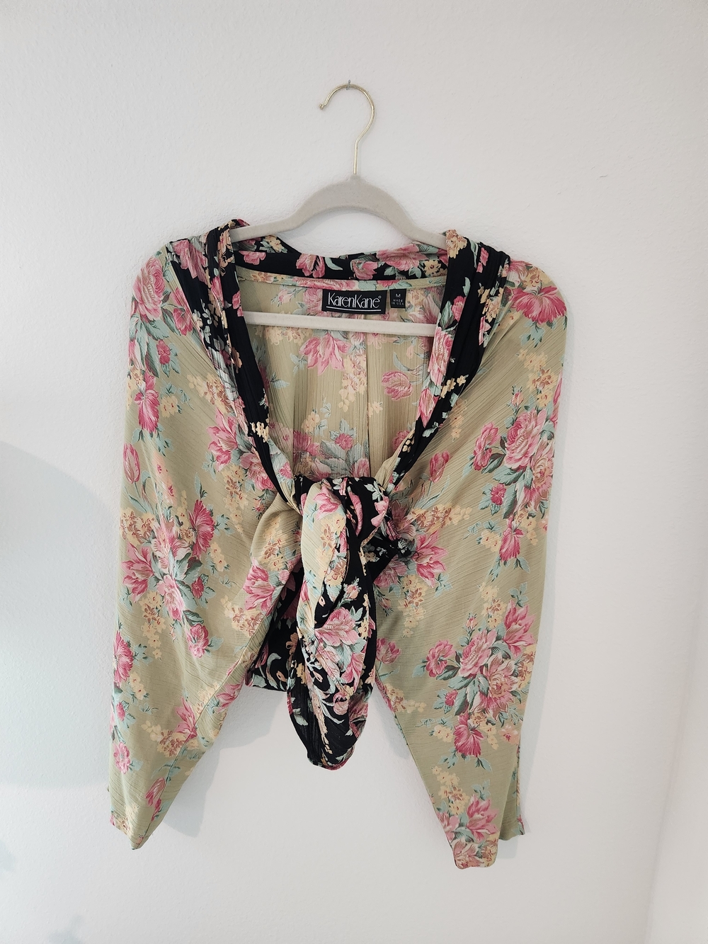 Karen Kane Floral Tie-Front Kimono in Sage with Pink Roses